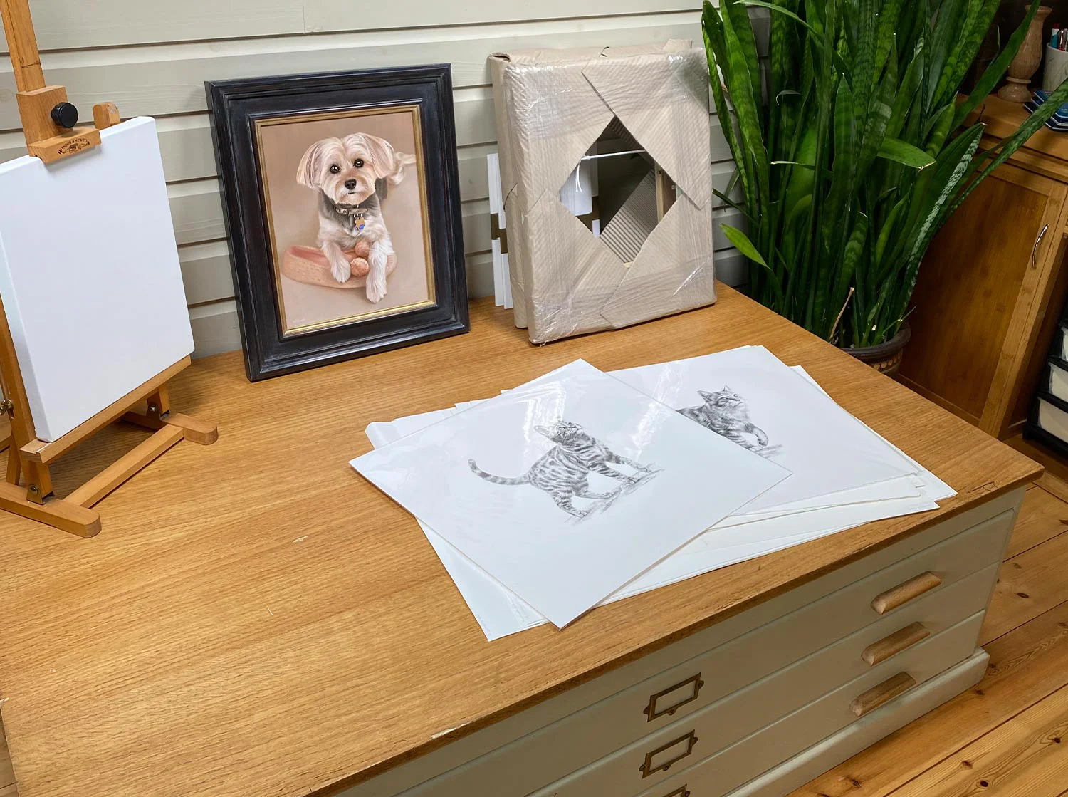 Interior view of Melanie's art studio, showing the cozy atmosphere with fairy lights.