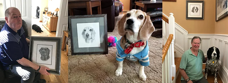 A collage of clients holding their finished pencil pet portraits, featuring Cheryl's partner with Indie, Blue with his portrait, and Jennifer's dad with Mr. Frodo.