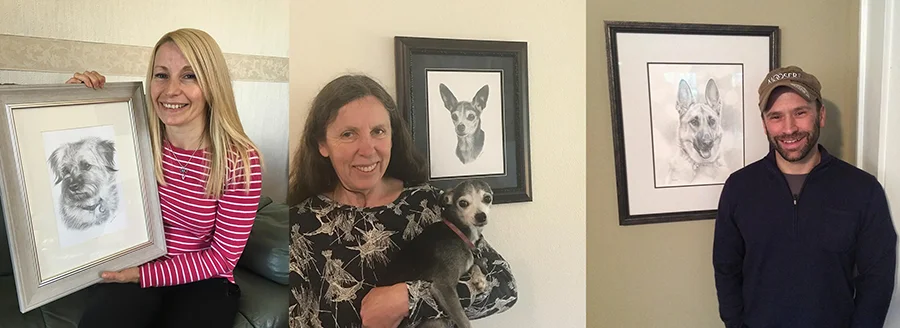 A gallery display of various pencil pet portraits by Melanie Phillips, featuring dogs and cats, demonstrating the range of her work.