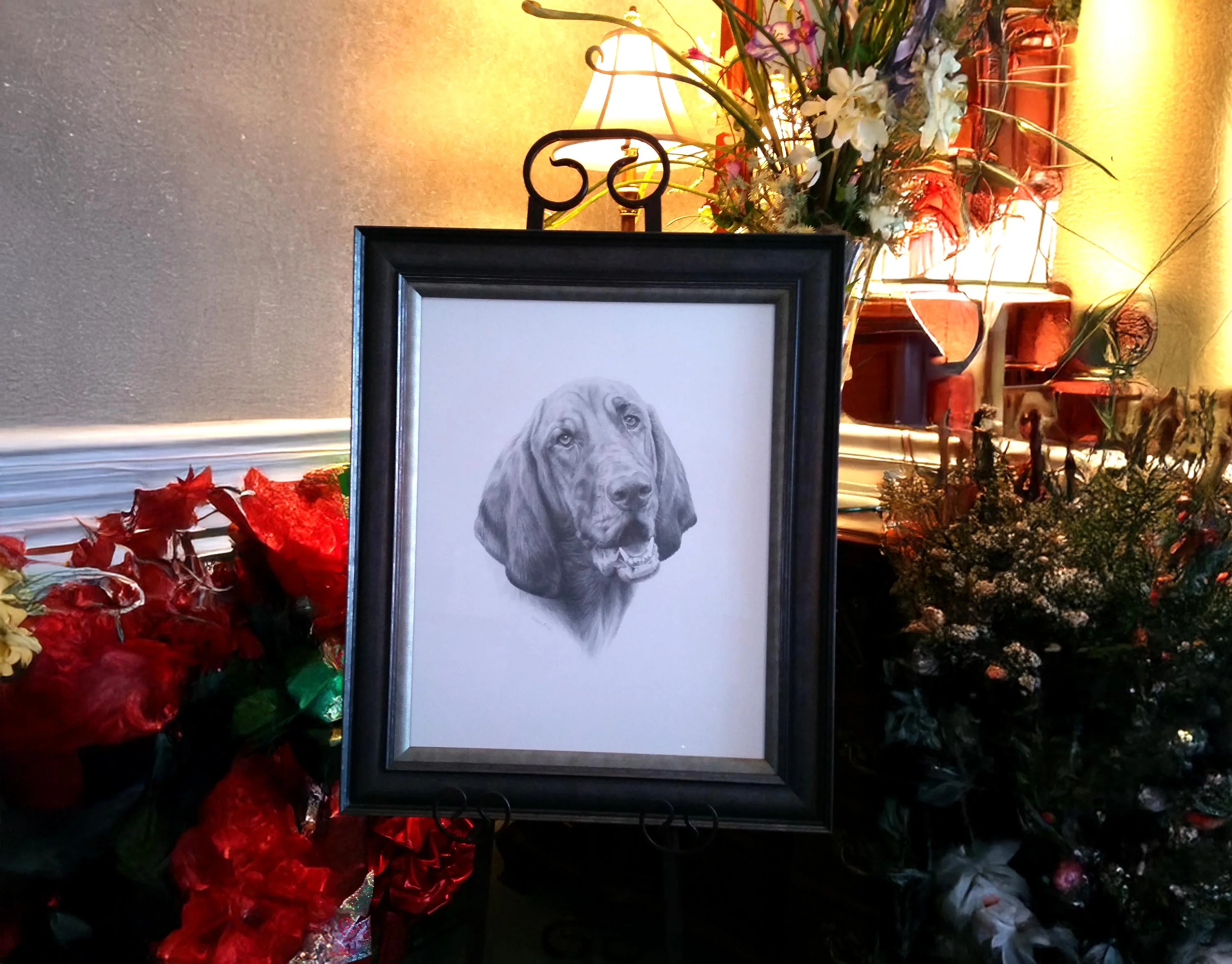 Framed pencil portrait of Daisy displayed on an easel in a room, with natural lighting.